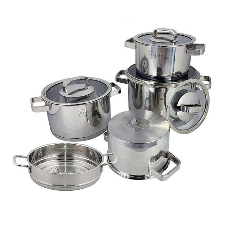 Combo Bộ nồi inox 304 và xửng hấp cao cấp Fivestar Plus 5 món nắp kính ( 1nồi 16cm x1nồi 18cm x1nồi 20cm x1nồi 24cm x 1thân xửng 24cm) , tặng 1 vá canh