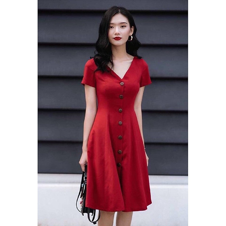 Đầm Cổ V Cúc Gỗ