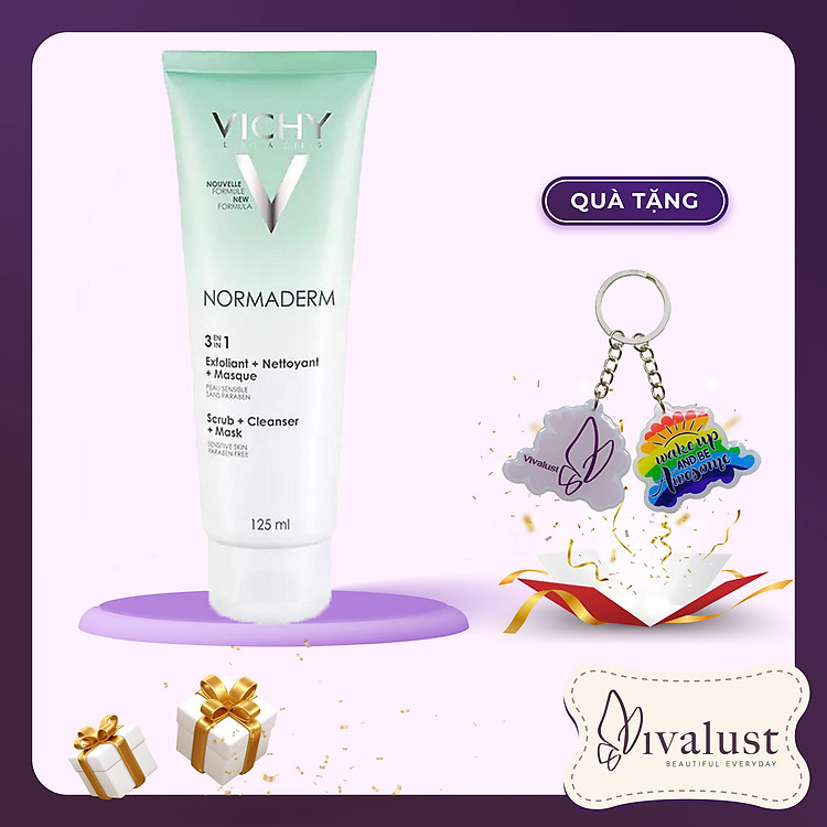 Kem Tẩy Tế Bào Chết 3 Tác Dụng VICHY Normaderm 3in 1 Scrub + Cleanser + Mask 125ml + Tặng Móc Khóa