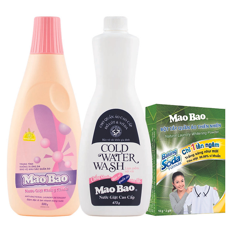 Combo 01 chai nước giặt kháng khuẩn Mao Bao 500g + 01 chai nước giặt cao cấp Mao Bao 473g - Tặng 01 hộp bột tẩy quần áo thiên nhiên 12g x 2 gói
