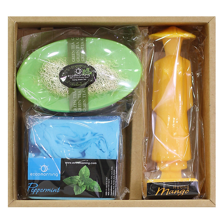 Hộp 3 Xà Bông Thiên Nhiên Handmade Eccomorning SBAD - Hình Vuông hương Bạc Hà + Hình Áo Dài hương Xoài + Hình Thuyền hương Sả (100g/Bánh)