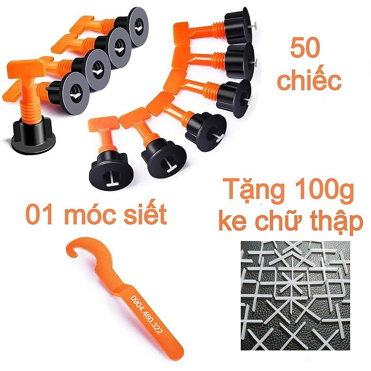 Combo Ke Lát Gạch Tái Sử Dụng Dạng Vít Vặn 50 Chiếc Kèm Kìm Móc + Tặng Ke Chữ Thập Nhiều Kích Thước
