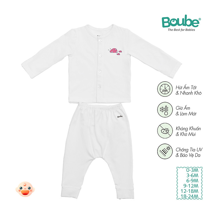 Bộ quần áo dài tay cúc thẳng cho em bé sơ sinh và trẻ nhỏ nhiều màu sắc Boube, Vải cotton organic thoáng mát- Size 0-24M