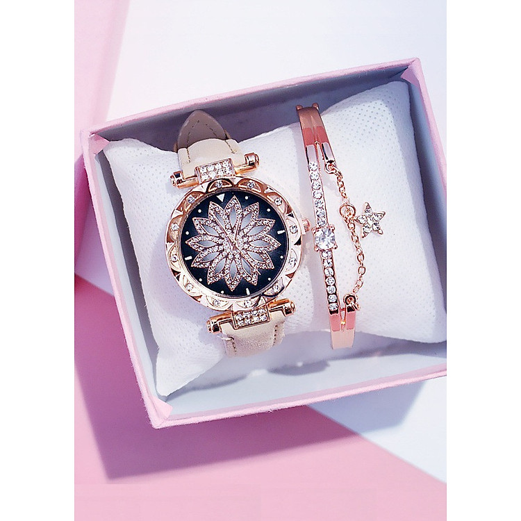 Đồng hồ thời trang nữ họa tiết kèm lắc tay xinh xắn