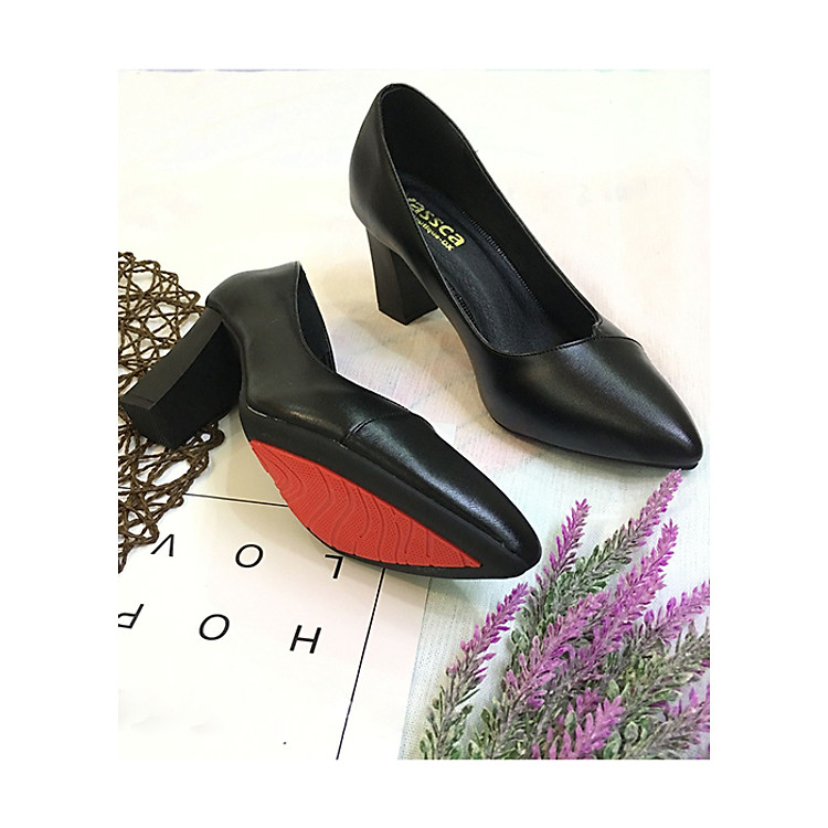 Giày cao gót nữ công sở da lì gót nhọn 7cm vá mũi xinh xắn Đen