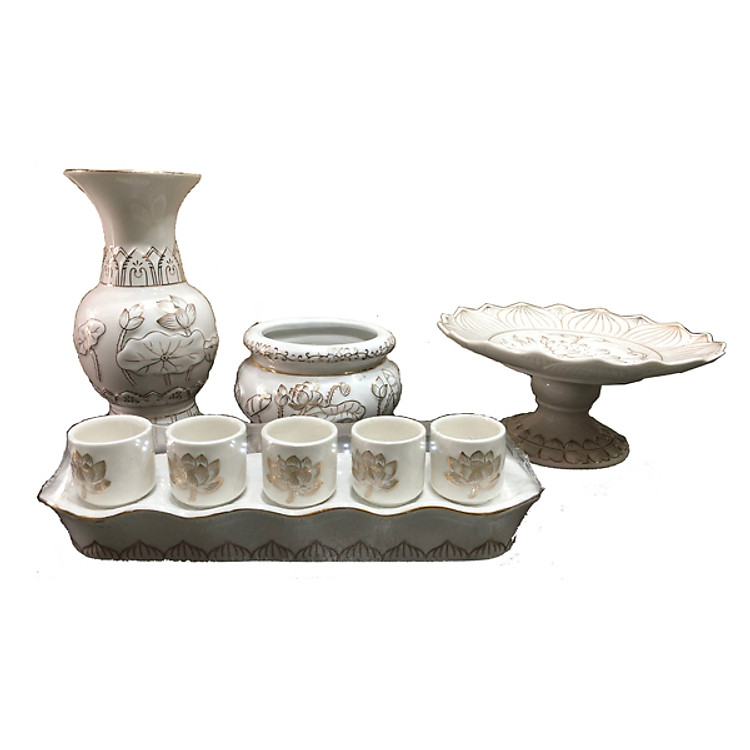 Combo Bộ (Bình Bông + Dĩa + Lư + Án)Bạch Ngọc để bàn thờ Thần Tài PT0186