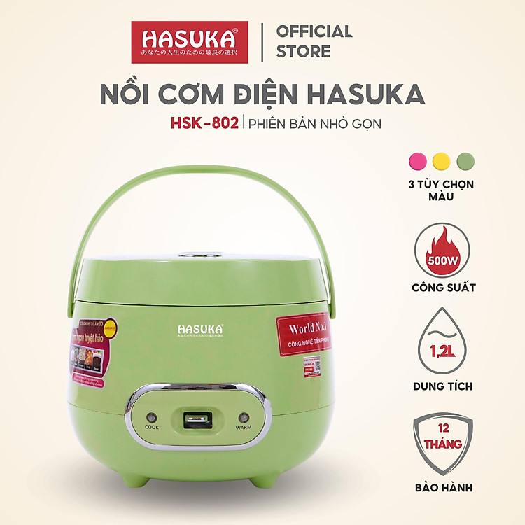 Nồi cơm điện mini cầm tay HASUKA HSK-802 dung tích 1.2L, công suất 500W - Lòng niêu phủ chống dính Ceramic - HÀNG CHÍNH HÃNG (BH 12 tháng)