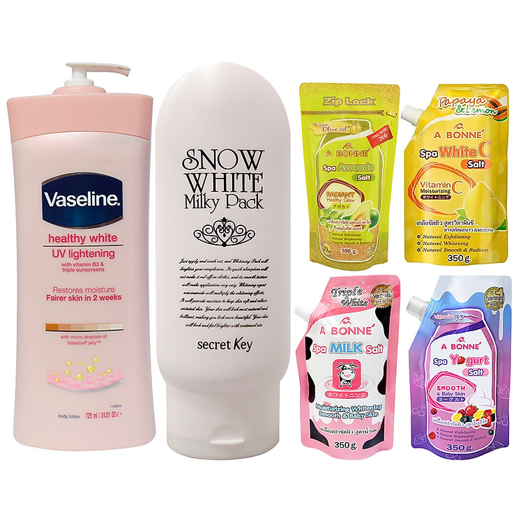 Combo Làm Trắng Dưỡng Thể VASELINE + Kem Dưỡng SNOW WHITE SECRET KEY + Muối Tẩy Tế Bào Chết A BONNE