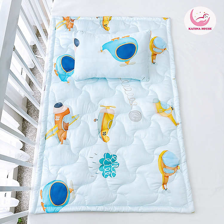 Combo nệm gối sơ sinh Katina House, bé đi nhà trẻ, vải tencel mát rượi, thấm hút và chống thấm tốt
