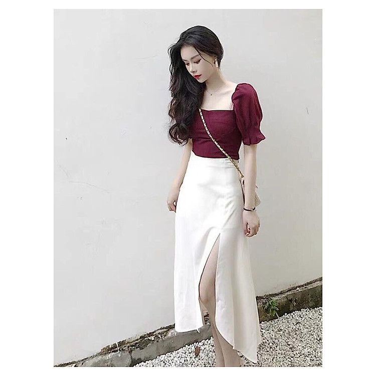 SET ÁO KIỂU TAY PHỒNG PHỐI CHÂN VÁY XẺ CAO CẤP