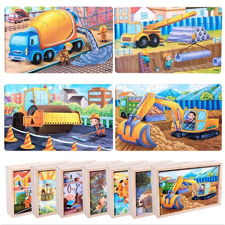Đồ chơi ghép xếp hình 4 cấp độ Puzzle 4 trong 1 gồm bộ 12, 24, 36, 48 miếng chi tiết trong 1 hộp gỗ cao cấp cho bé