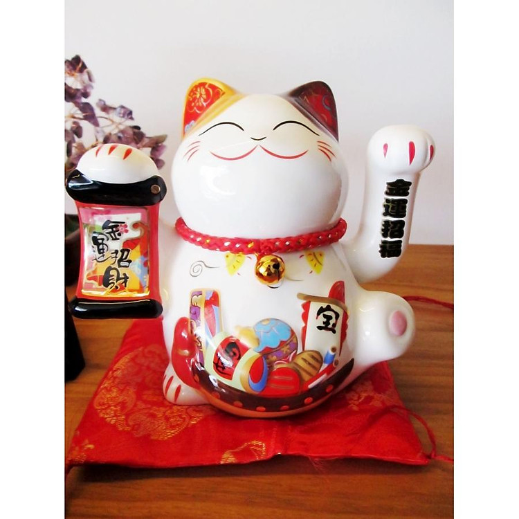 Mèo May Mắn Maneki Neko - Kim Vận Phát Tài (Trắng 14cm)