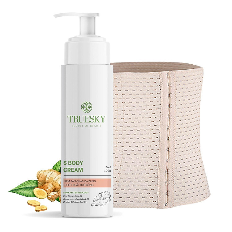 Bộ sản phẩm tan mỡ bụng an toàn và hiệu quả Truesky gồm 1 kem tan mỡ bụng quế gừng 100g + 1 đại nịt bụng quấn nóng