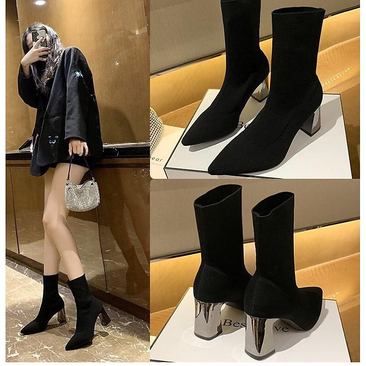 Bốt nữ bốt chun len sợi mịn cao 7-9p màu đen