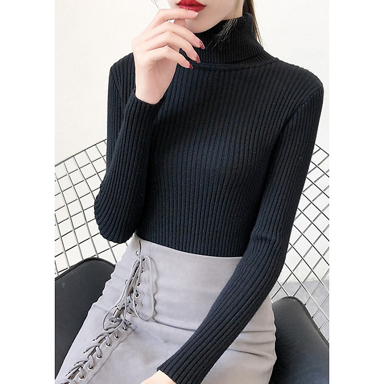 Áo len tơ cổ lọ hàng đẹp -màu đen