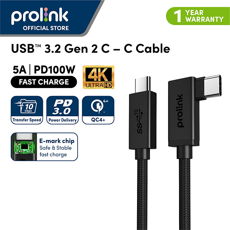 Dây sạc type C to C PROLiNK GCC_100G2_01 dài 2M, Sạc siêu nhanh 100W, truyền dữ liệu audio, video 4K - Hàng chính hãng