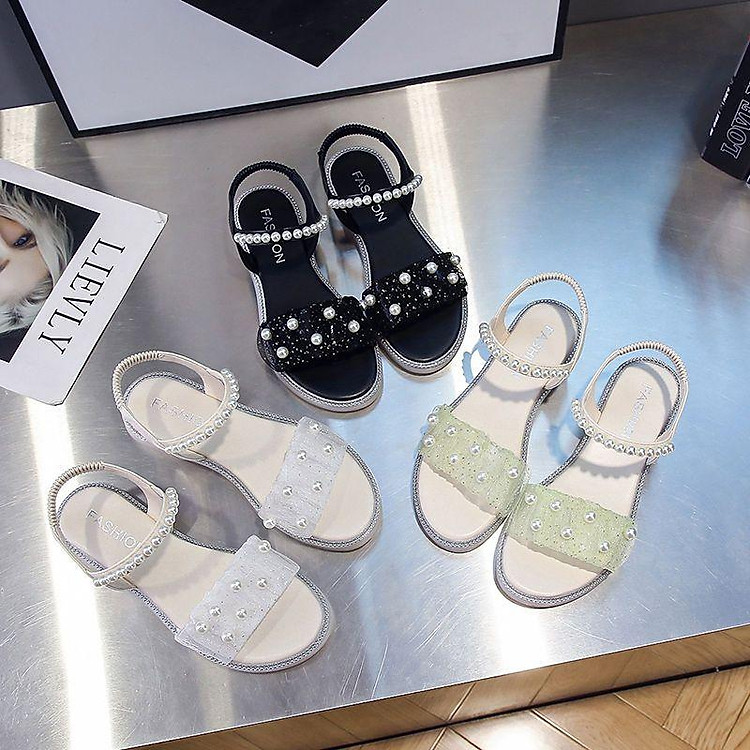 Giày Sandal Đế Bằng Đính Ngọc Trai Thời Trang Mùa Hè 2022 Cho Nữ
