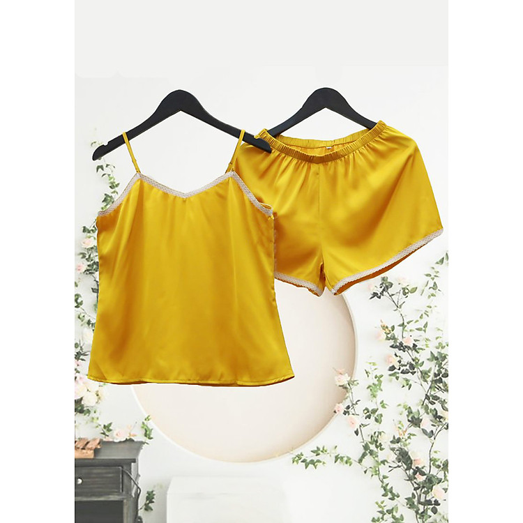 Đồ mặc ở nhà nữ áo 2 dây quần cộc phối viền ren nhỏ cao cấp Vingo N190