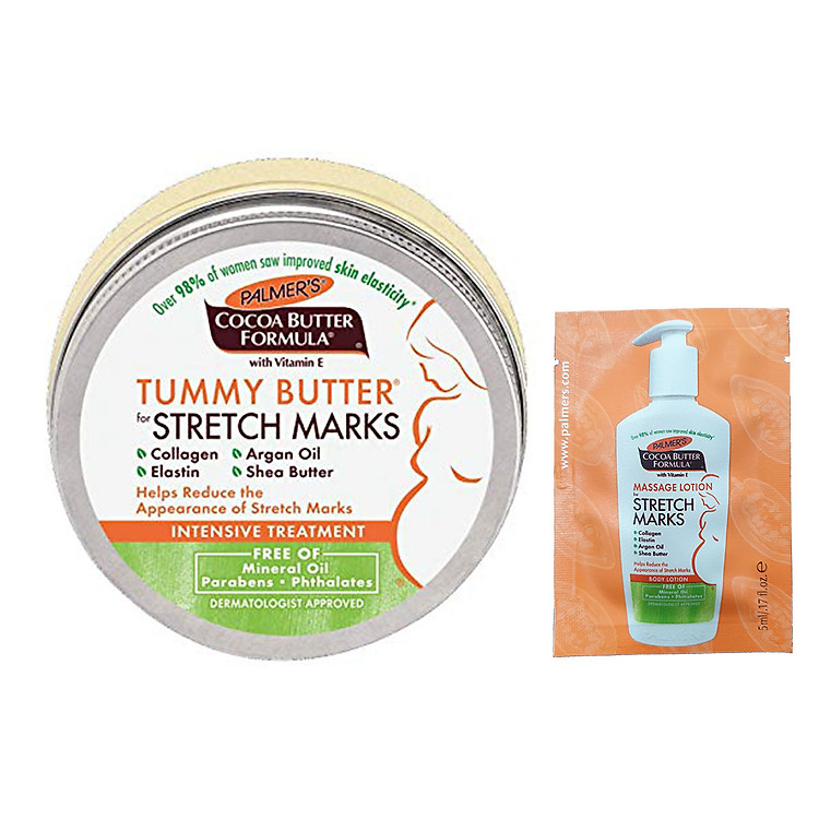 Bơ đậm đặc ngăn ngừa rạn da từ tháng 7 đến cuối thai kỳ và sau sinh Palmer's Cococa Butter Tummy Butter Stretch Marks 125g + Tặng Lotion rạn dạ Palmer's 5ml
