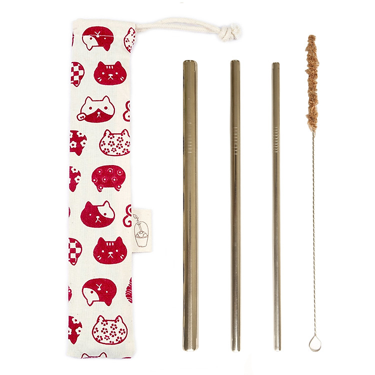 Bộ 3 Ống hút kim loại Inox, Cọ rửa kim loại, Túi đựng Mèo Đỏ eco, thân thiện môi trường
