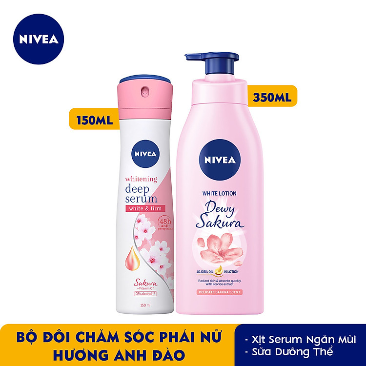 Bộ đôi Xịt Serum Ngăn Mùi NIVEA Trắng Mịn Hương Hoa Sakura (150ml) - 85308 & Sữa Dưỡng Thể Dưỡng Trắng NIVEA Hương Anh Đào Dewy Sakura (350ml) - 85703