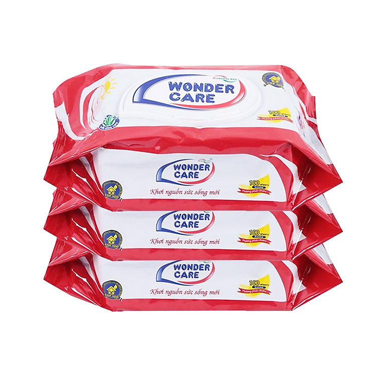 Combo 3 Gói Khăn Giấy Ướt Wondercare 100 Tờ Hương Phấn Dịu Nhẹ, Tinh Chất Lô Hội Dưỡng Da
