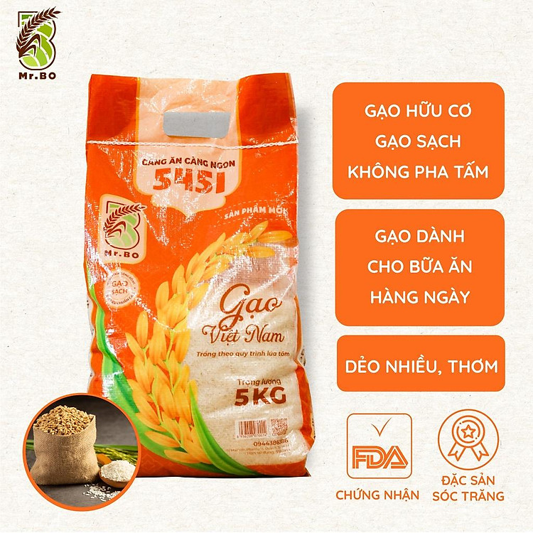 Gạo 5451 Mr. Bo túi 5kg Thơm Tự Nhiên, Dẻo, Mềm Cơm, Vị Ngọt