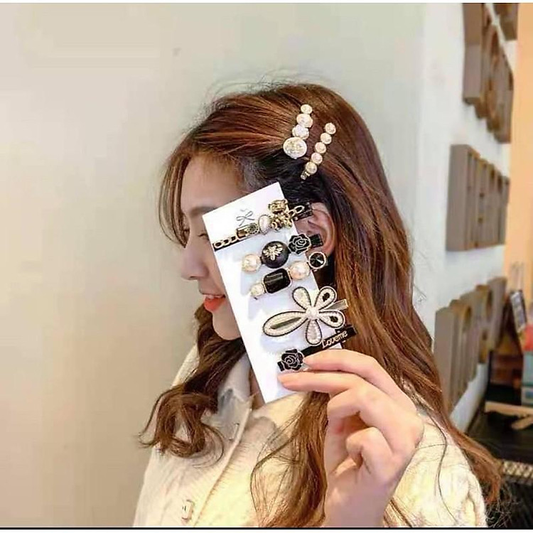 Sét 5 kẹp tóc mái đính đá Hàn Quốc màu đen tiểu thư cực sang chảnh tông đen