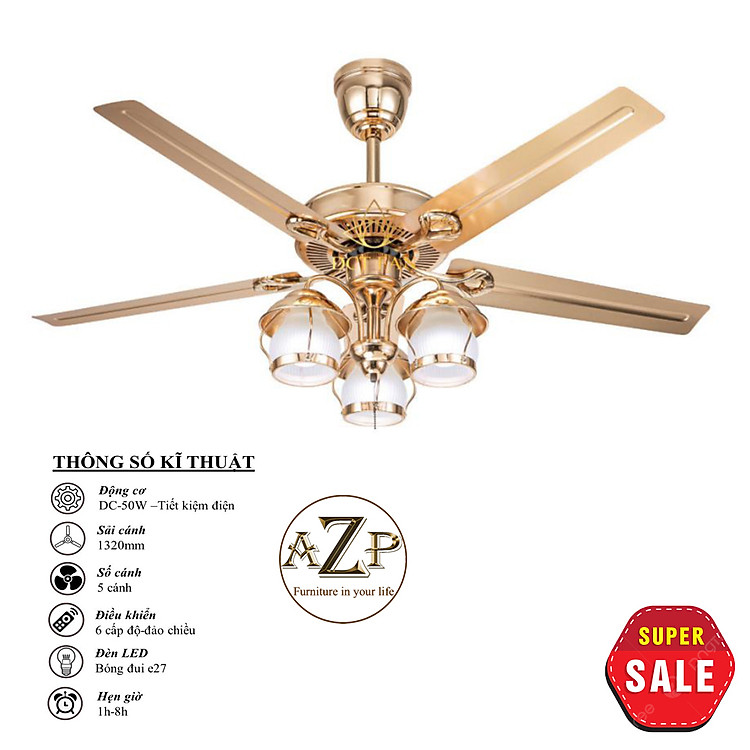 Siêu Sales QUẠT TRẦN AZP- 5 CÁNH KIM LOẠI, CÔNG XUẤT 50W, CÓ REMOTE- Hàng Nhập Khẩu