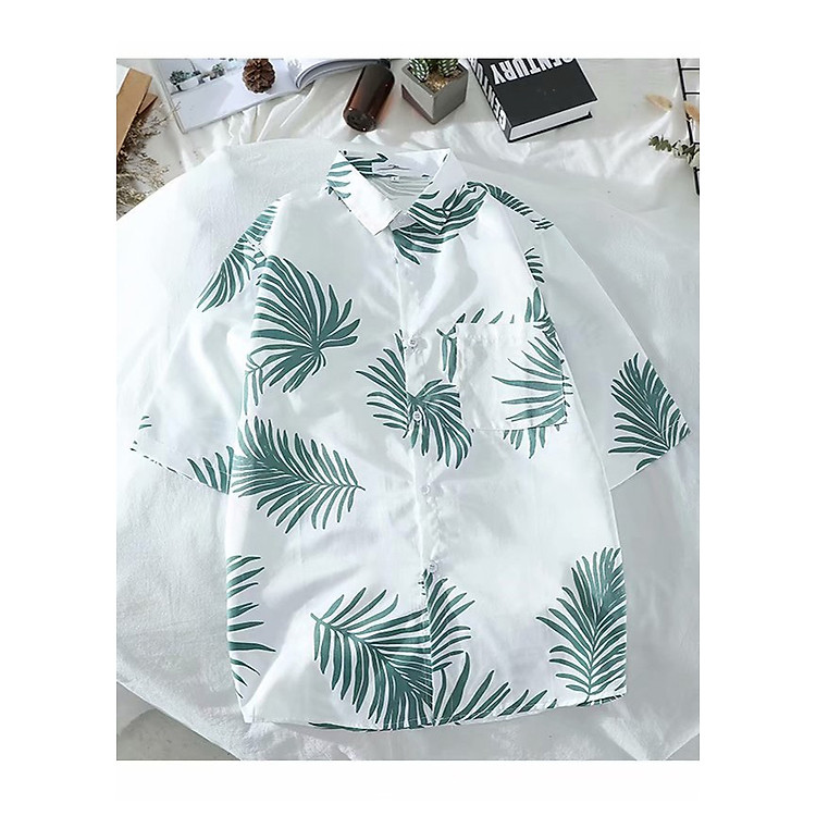 Áo sơ mi nam tay ngắn họa tiết lá cọ LAHstore, thích hợp mùa hè, thời trang trẻ, phong cách Hàn Quốc