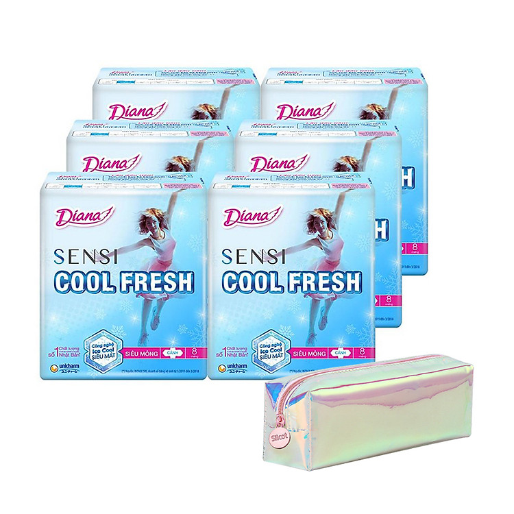 Bộ 6 Gói Băng Vệ Sinh Diana SenSi Cool Fresh Siêu Mỏng Cánh (8 Miếng/Gói) Tặng Ví Hologram