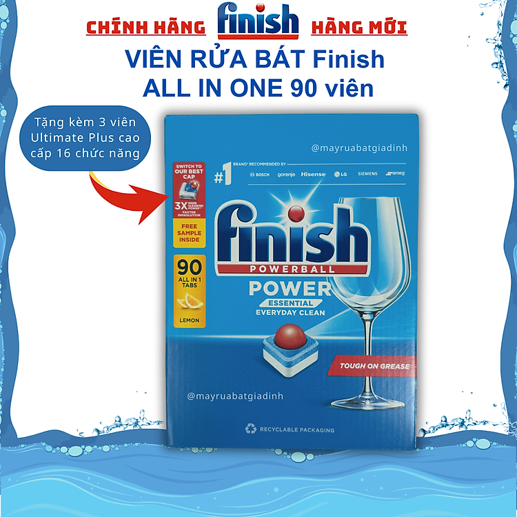 Viên rửa bát Finish Essential All in one 100 Tabs, Viên finish All in 1 max 100 viên hoặc Viên rửa bát finish classic dùng cho máy rửa chén 90 tabs