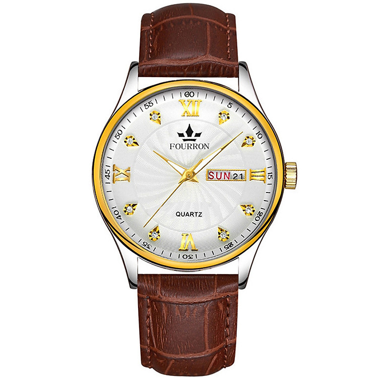 Đồng Hồ Nam Fourron F666 mặt đính đá chạy 2 lịch dây da PU Đồng Hồ Không Thấm Nước Đồng Hồ Doanh Nhân Đơn Giản Đồng Hồ Sinh Viên