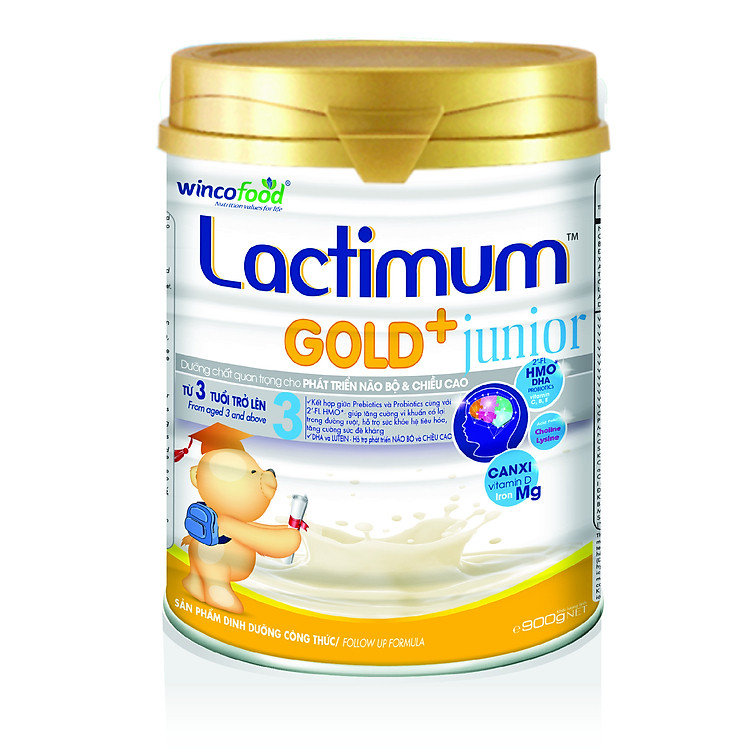 Dinh dưỡng công thức Lactimum GOLD+ junior LON 900: Dinh dưỡng dành cho trẻ từ 3 tuổi trở lên; với sự kết hợp prebiotics & probiotics cùng với (2’-FL HMO) giúp hỗ trợ hệ tiêu hóa, DHA và LUTEIN giúp phát triển trí não và chiều cao