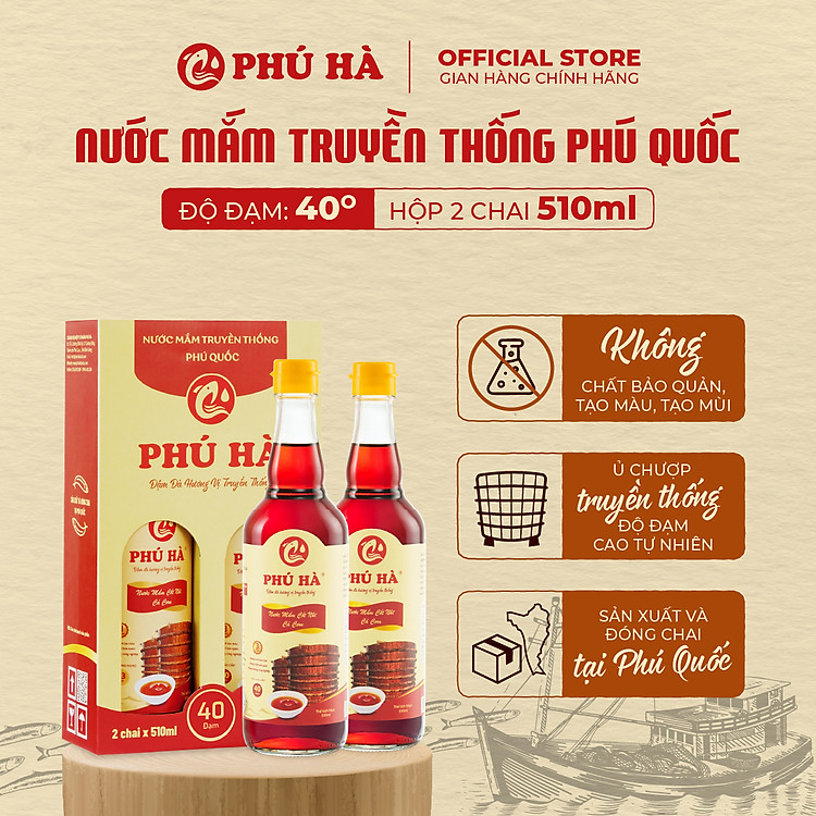 Nước mắm truyền thống Phú Quốc Phú Hà 43 độ đạm - Hộp 2 chai 510ml