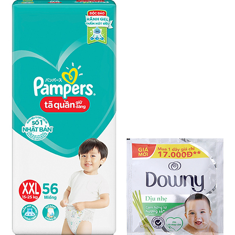 Tã Quần Pampers Giữ Dáng Mới Gói Cực Đại M74/L68/XL62/XXL56 - XXL56 - Tặng nước xả vải Downy Dịu Nhẹ dạng dây (21ml/gói)
