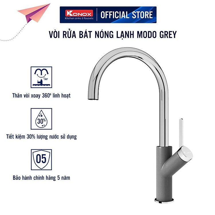Vòi rửa bát nóng lạnh KONOX Modo Grey, bề mặt xử lý mạ PVD mạ vân đá, lõi hợp kim đồng 61% tiêu chuẩn Châu Âu CW617N
