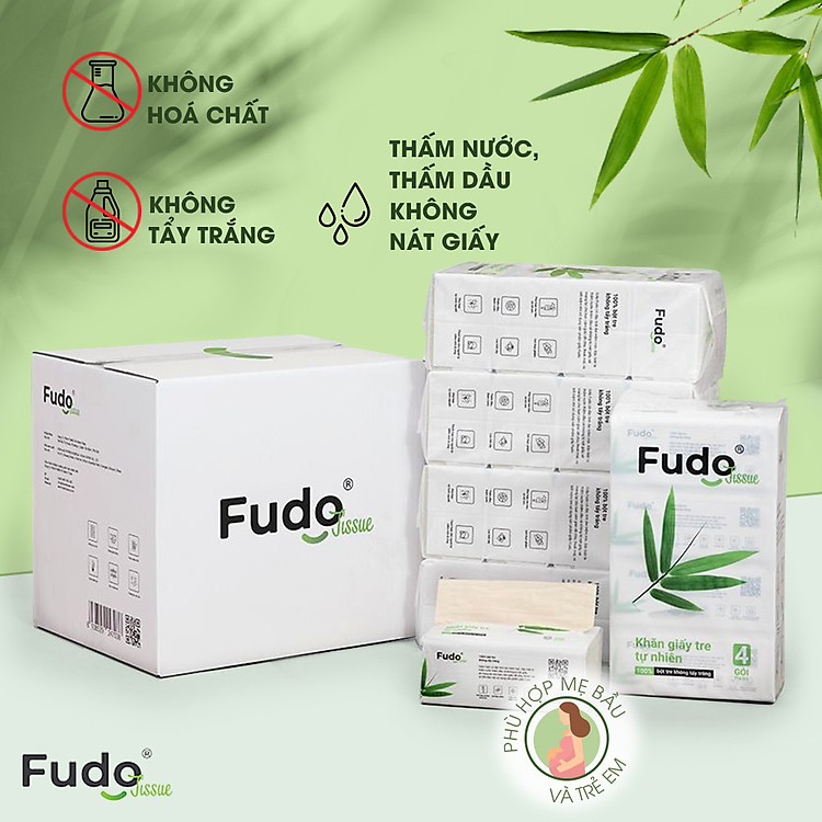 Khăn giấy khô Fudo® TISSUEPack™ từ tre không bụi vụn, không tẩy trắng - Thùng 20 gói/130 tờ - 03 lớp siêu thấm