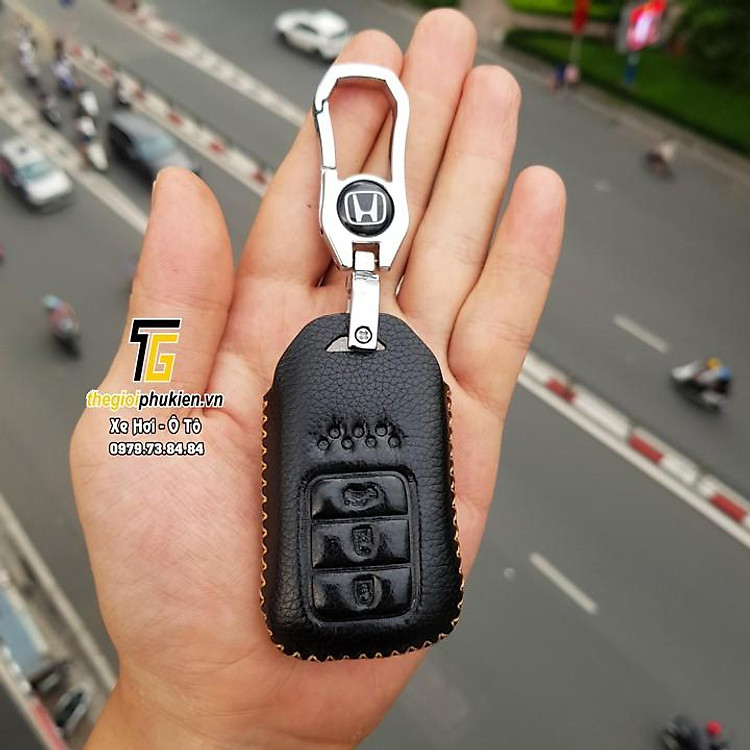 Bao da Handmade bảo vệ chìa khóa xe Honda CR-V, HR-V, City, Civic 3 nút bấm…kèm móc đeo Inox