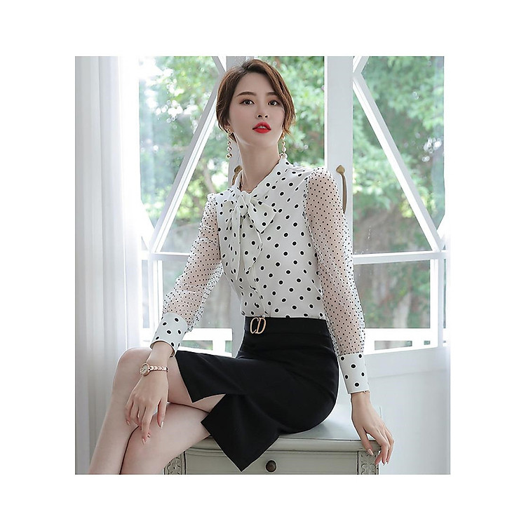 Áo Sơ Mi Nữ Kiểu Cổ Thắt Nơ Tay Phối Lưới Chấm Bi GT534