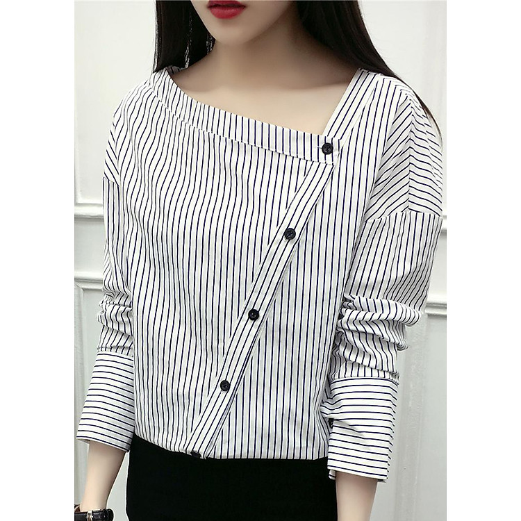Áo Sơ Mi Nữ Vạt Xéo Kẻ Sọc - Trắng Sọc Xanh