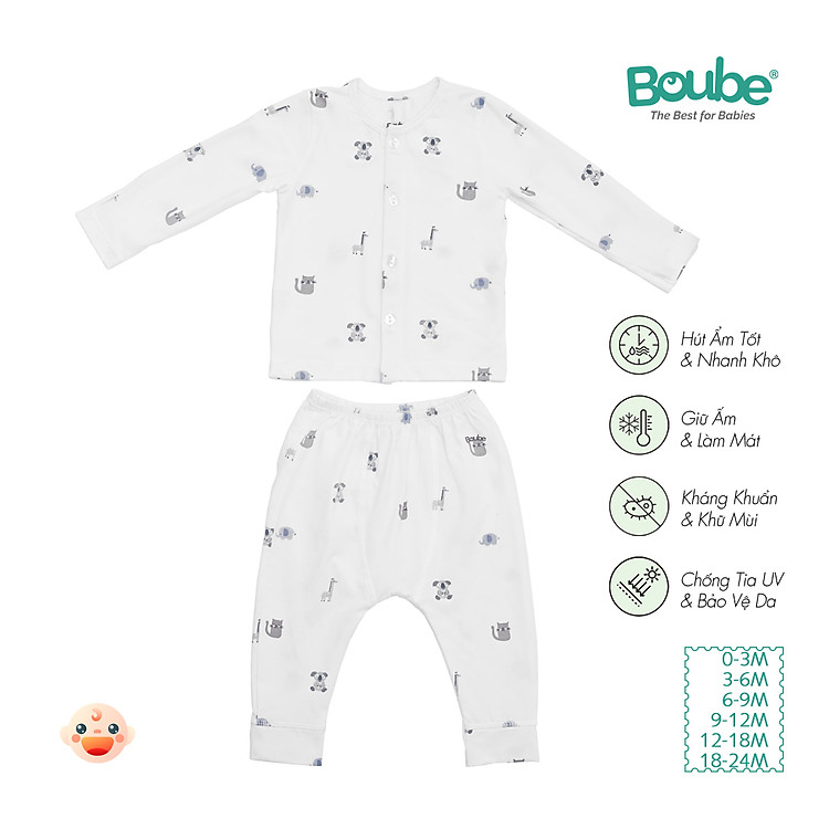 Bộ dài tay cúc thẳng hoạ tiết dễ thương cho bé sơ sinh và trẻ nhỏ Boube, Vải cotton organic thoáng mát- Size 0-24M