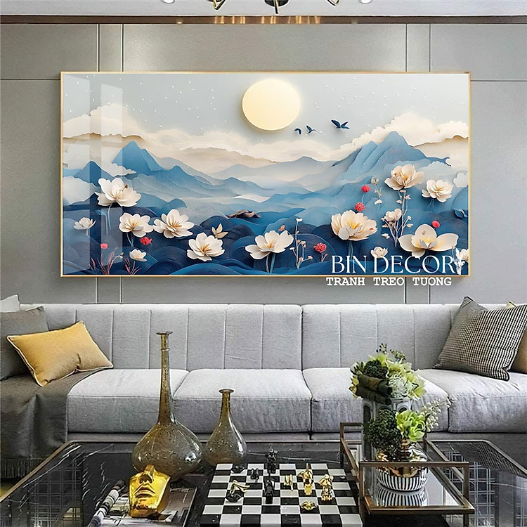 (HCM) Tranh treo tường tráng gương hoa dưới ánh trăng trang trí decor phòng khách kèm đinh treo