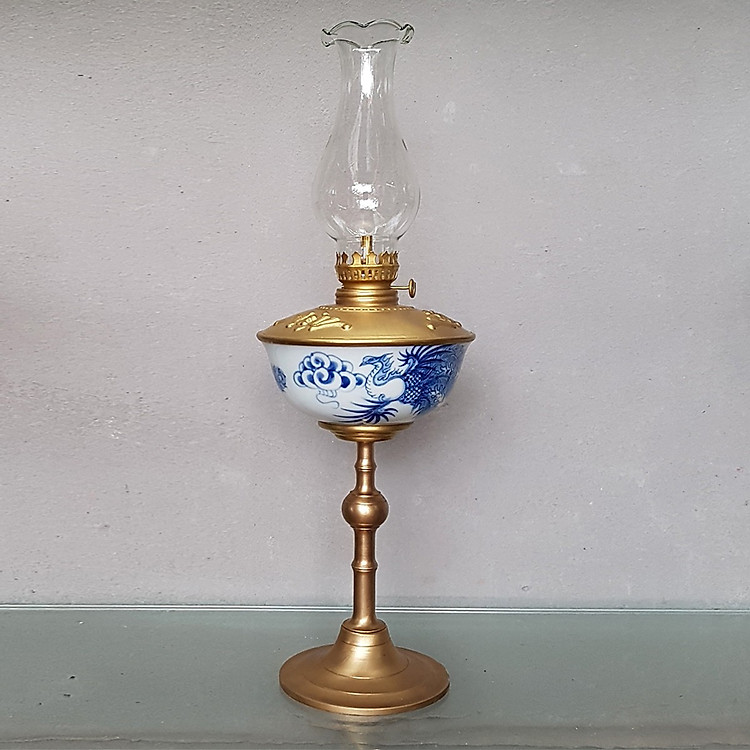 Đèn thờ dầu men lam vẽ Rồng Phượng gốm sứ Bát Tràng (đèn dầu, đèn thờ cúng)
