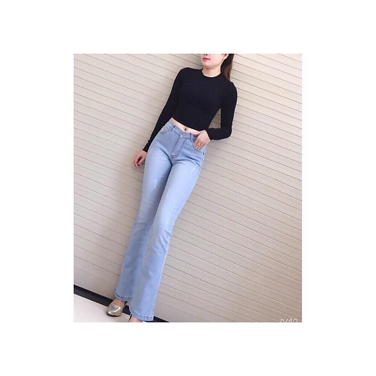Quần Jeans Nữ Ống Loe Dài Màu Xanh Nhạt Có Cào Co Giãn Tốt JNL013