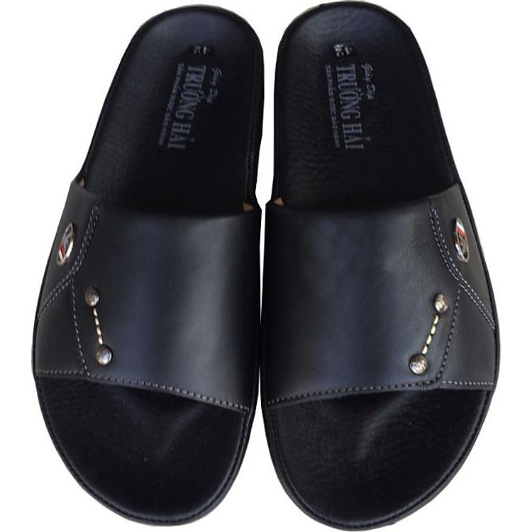 Dép nam quai ngang Trường Hải một bản da bò thật đế kếp mềm dẻo không trơn QN0421