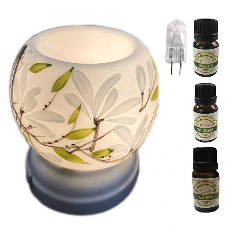 Combo 3 chai tinh dầu (sả chanh, bạc hà, cà phê) Eco 10ml và đèn xông tinh dầu điện cao cấp MNB39 và 1 bóng đèn