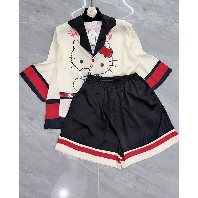 Bộ Đồ Ngủ Lụa Việt Nam Cộc Cổ Kimono Dễ Thương Xinh Xắn