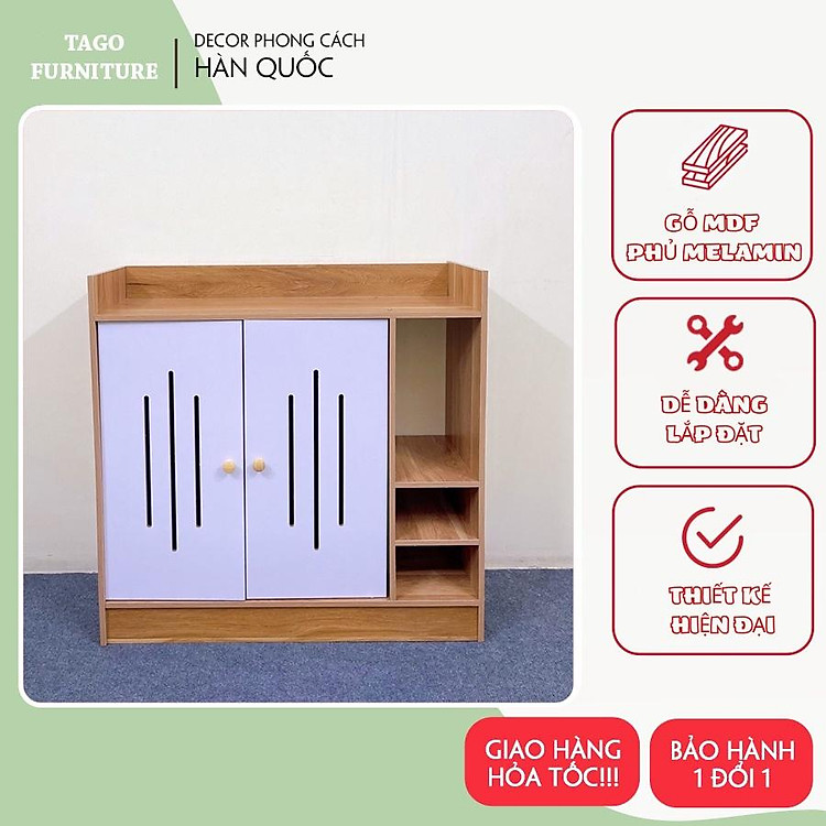Tủ giày gỗ cánh trắng, tủ để giày đa năng 2 cánh thông minh phong cách cao cấp trang trí nhà 80x80x30cm TAGO ND36