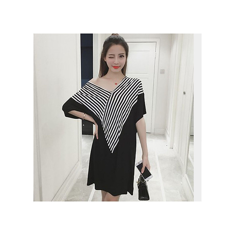 Đầm thun cổ sọc cách điệu cho người mập bụng